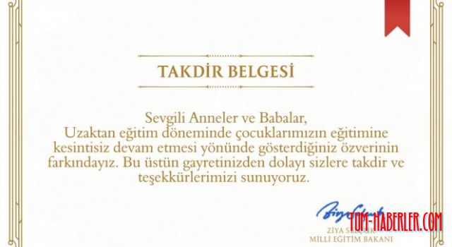 Milli Eğitim Bakanlığı'ndan velilere Ziya Selçuk imzalı "Takdir Belgesi"
